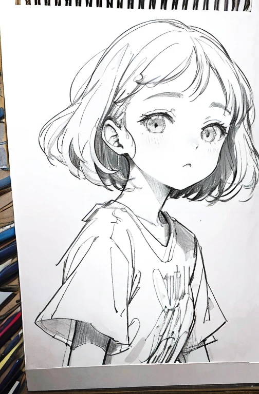 1girl in,line-drawing,monochromes,sketch,Pencil drawing,Traditional Media,1girl in, The upper part of the body,look up to,patterns,Cold background,bobhair ,Delicate body、Eau、liquids、云、, Short sleeves, Skirt, Solo、(Cute teenage woman, Solo),Beautiful portrait、look up to、deadpan、No emotion、A dark-haired、