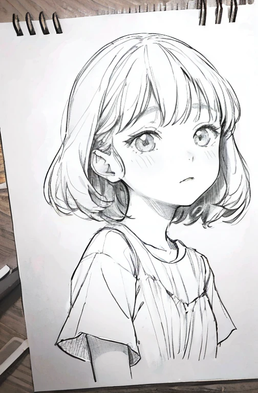 1girl in,line-drawing,monochromes,sketch,Pencil drawing,Traditional Media,1girl in, The upper part of the body,look up to,patterns,Cold background,bobhair ,Delicate body、Eau、liquids、云、, Short sleeves, Skirt, Solo、(Cute teenage woman, Solo),Beautiful portrait、look up to、deadpan、No emotion、A dark-haired、