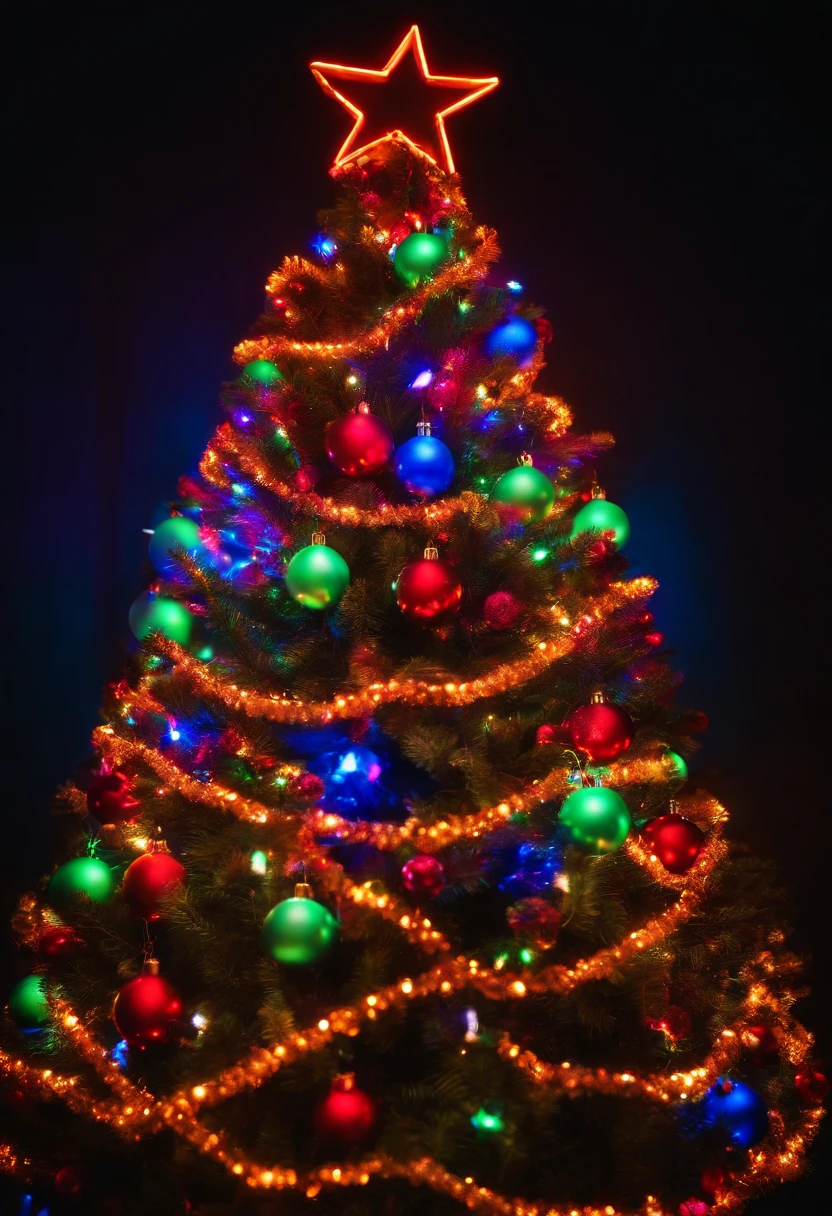 A neon Christmas tree with bright, glowing branches and ornaments, standing out against a dark background and creating a unique and contemporary holiday display.