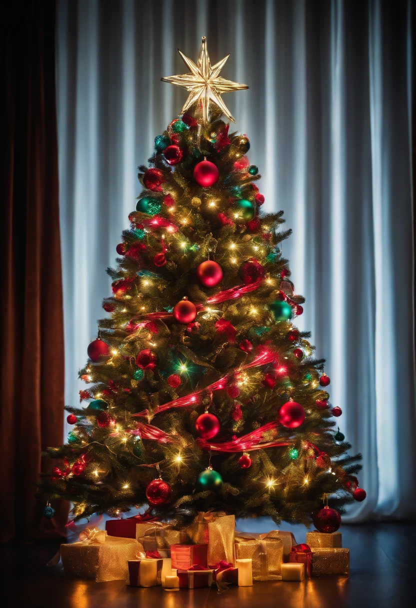 A neon Christmas tree with bright, glowing branches and ornaments, standing out against a dark background and creating a unique and contemporary holiday display.