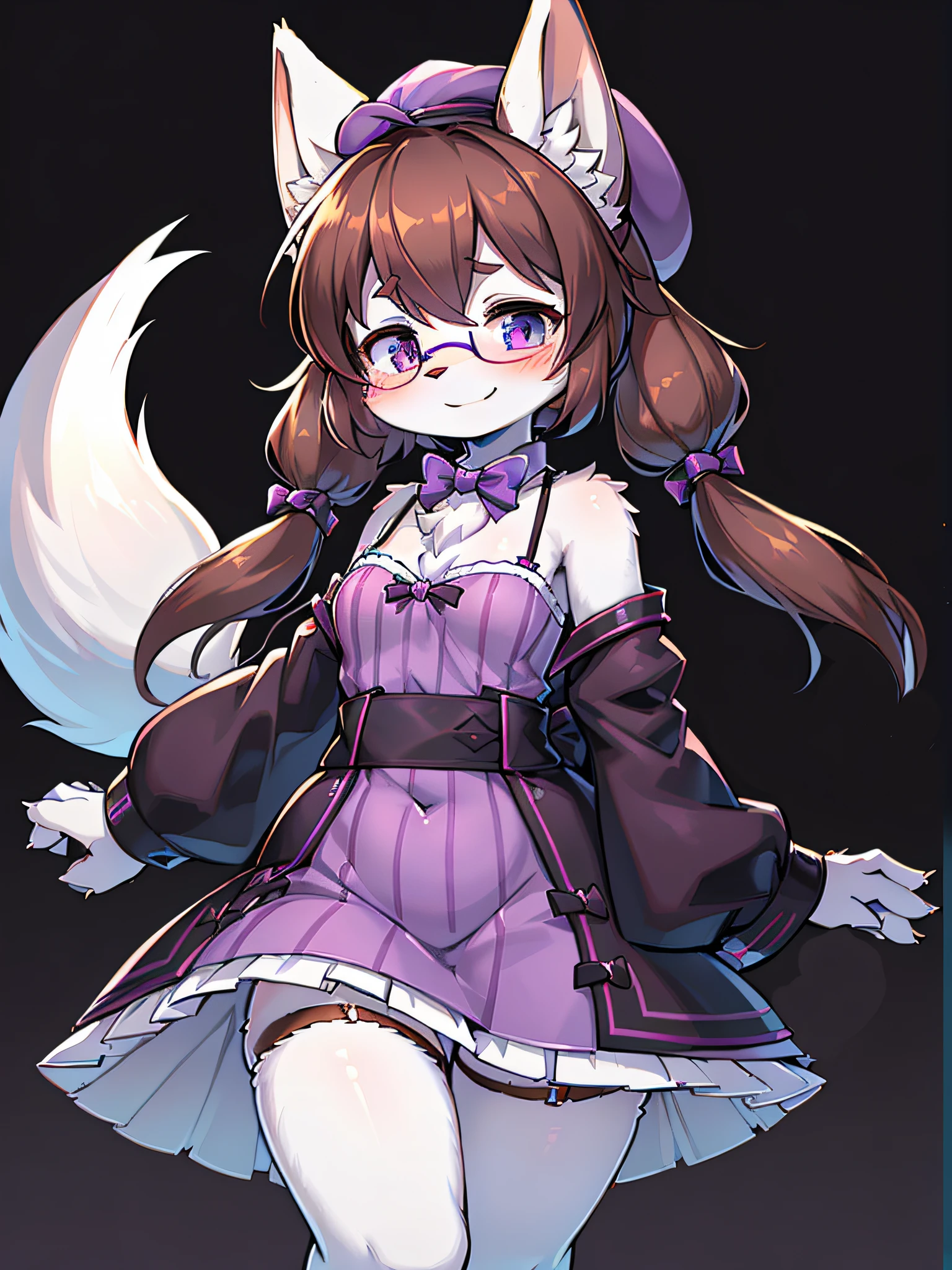 absurdres, furry, female furry, anthro, detailed portrait of a anthro woman, loli, extreme detail, detailed fluffy fur, full body, blushing, detailed eyes, (detailed lighting), (cinematic lighting), (masterpiece, hi res, RAW photo, high resolution, high details, best quality), high definition, (high sharpness:1.3), white arctic fox ears, arctic fox tail, white fur, sidelocks, low twintails, dark brown hair, violet_colored_streaked_eyes, purple checkered beret, criss_cross_straped dress, purple frilled checkered dress, bowtie on dress, bows in twintails, happy, smiling, purple clothing, glasses, white hands, white arms,
