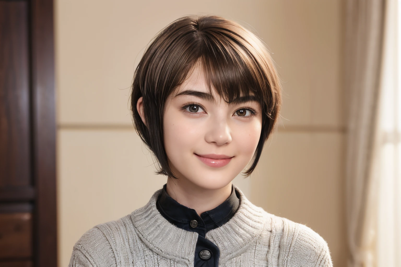 97
(a 20 yo woman,is standing), (A hyper-realistic), (high-level image quality), ((short-hair:1.46)), (Hair smooth), (Gentle smile), (Keep your mouth shut)