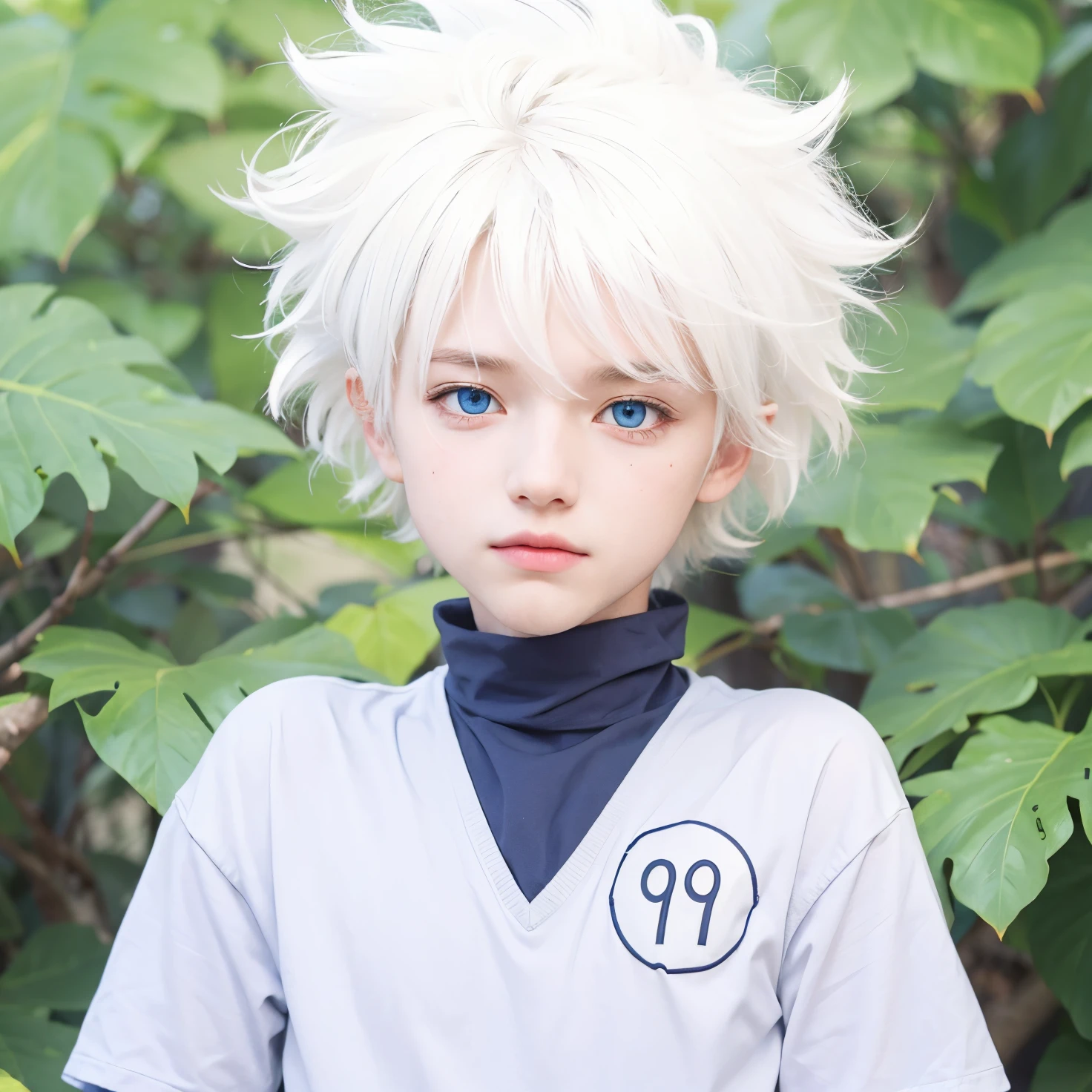 KilluaZoldyck、KilluaZoldyck from anime hunter x hunter、1boy、slim body、blue short pant、Sitting with legs spread wide on a white bed、perfect eyes、 looking at viewer