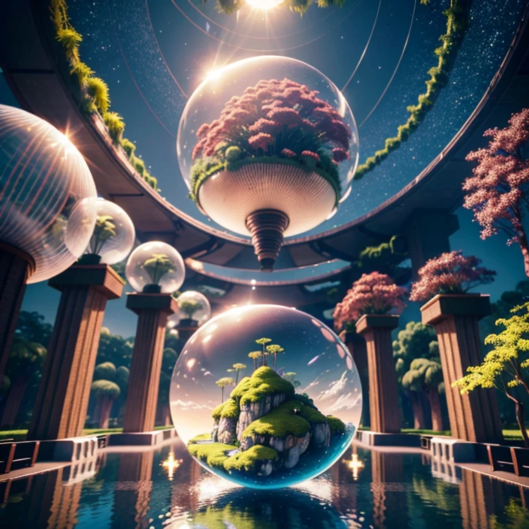 Hyper-realistic, 16K High Resolution, loop, infinity, be deep, dynamic angle, stereoscopic effect, multiple layers, best quality, 8K, uhd, 3D render, otherworld, glass ball architecture, plant, moss, fern, fictional materials, multiple floating vehicles, elevated roads, drones, solar powered