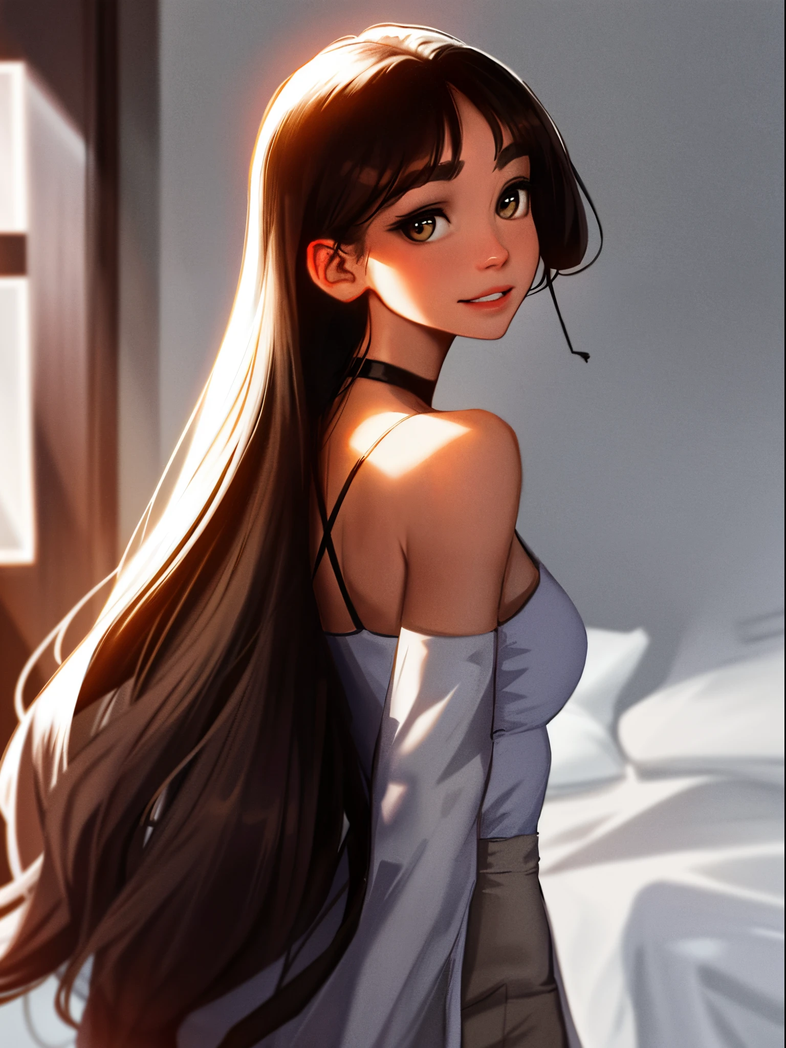 sam yang， 1girll， back， exposed bare shoulders， 黑The eye， dark circles， brown  hair， 耳Nipple Ring， jewely， cparted lips， long whitr hair， looking at viewert， back to look back， choker necklace， cropped shoulders， Lips half open， sportrait， daysies， depth of fields， 独奏， （（tmasterpiece））（（You may be a one-man world，But you can also be a one-person world，paradox，adrian ghenie，jenny saville，edward hopper，（RAW photos，best qualtiy）（A girl with a literary touch：1.2）（photorealestic，photograph realistic：1.3），Extremely Delicately Beautiful，Amazing，Fine details， tmasterpiece，hyper-detailing，A high resolution，Most Best Illustration，复杂，depth of fields，1girl，（long leges：1.4），long whitr hair，messy  hair，Girl with thick fat chunky physique，（（gentlesoftlighting：1.4））），（paleskin：1.4），（smile shy），（Movie Angle），tack sharp focus，volume fog，8k UHD，digital SLR camera，high qulity，（filmgrain：1.4），富士XT3，（looking at viewert）