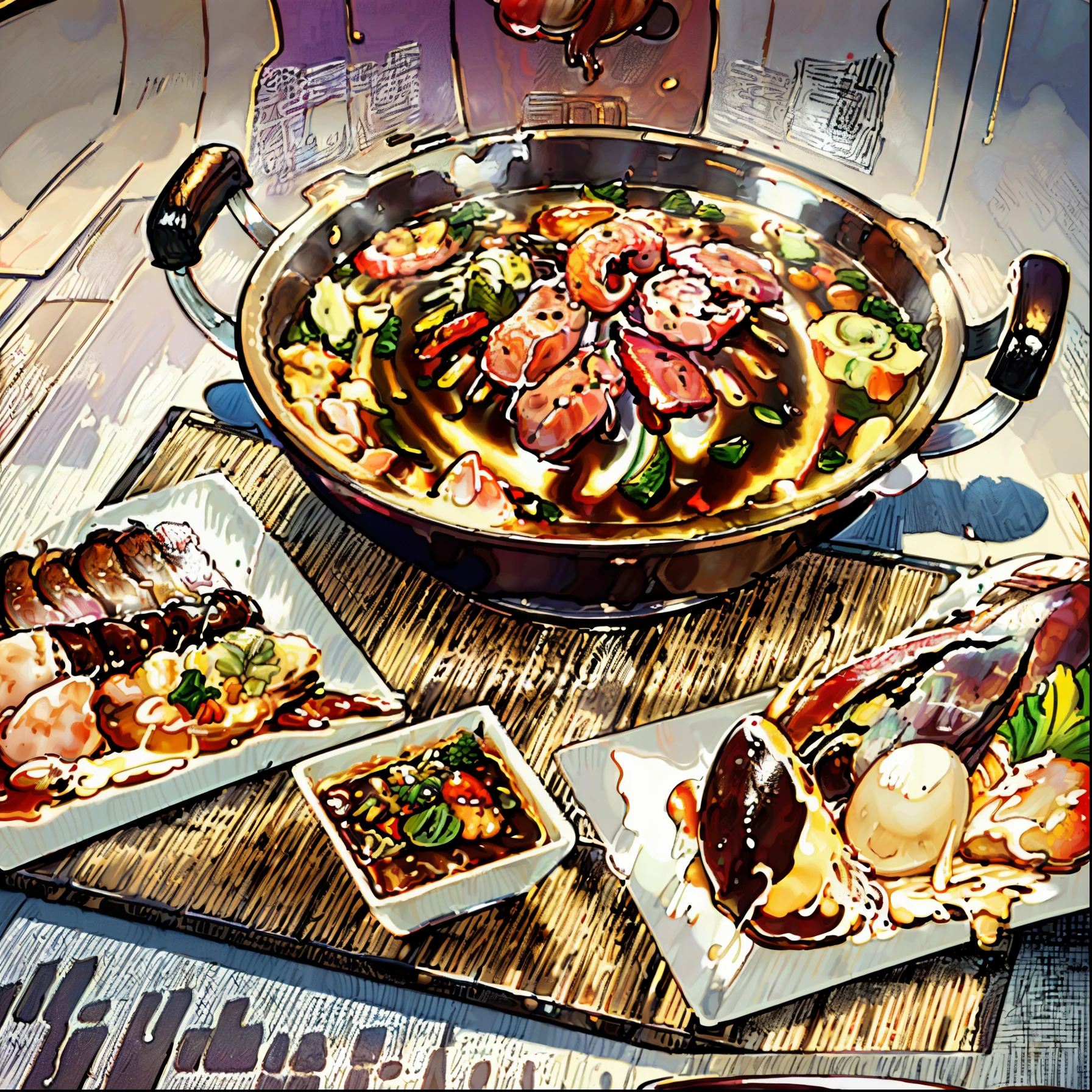 (best quality,4k,8k,highres,masterpiece:1.2),(line art ,drawing ,texture :1.37),shrimp, squid sliced,pork sliced,vegetables,thai hot pot pan,table,deliciously detailed food,artistic plating,scrumptious display,colorful ingredients,meticulously arranged,appetizing aroma,juicy and tender meat,vibrant vegetables,hot and steamy atmosphere,tempting flavors,A-grade ingredients,authentic Thai cuisine,exquisite culinary artistry,flavorful broth,heavenly combination,unforgettable dining experience,nutritious and wholesome meal,satisfying and sumptuous feast,culinary masterpiece,empty plates,endless satisfaction,pleasures of the palate,unforgettable gastronomic journey