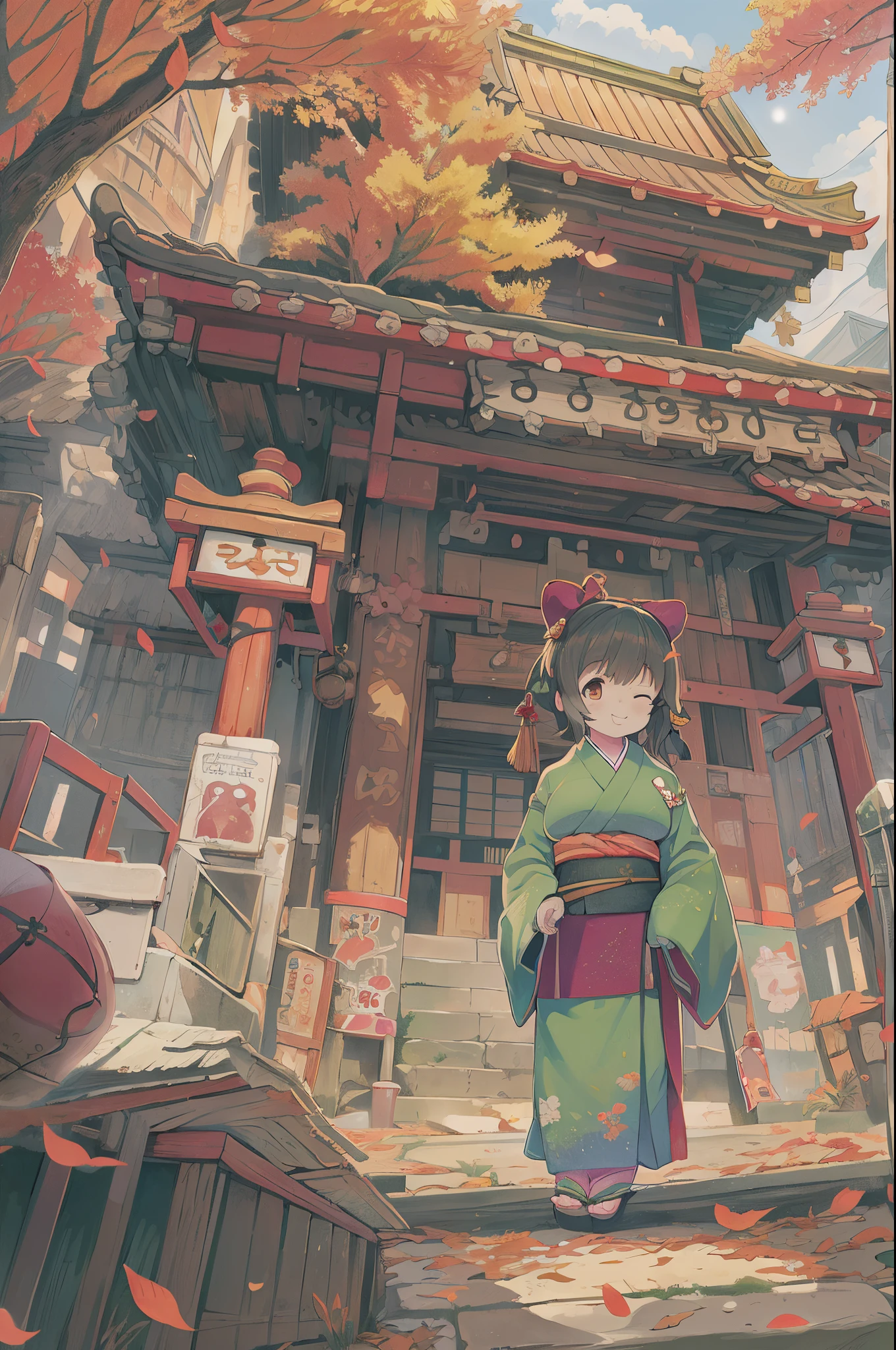 huge-breasted、kawaii、Sunny Clothes、japanese kimono、torii gate,((Oblique angle))、{{close up to face}}、one eye closed、8  girl、winking、A big smile、bbw、thick thight、big butts、Ultramammy,Chibi, autumn day,kaede、 Pines, Anime Background Art, japanese art style, beautiful anime scene, detailed scenery - width 672, Background art, Anime landscapes, Anime Background, Beautiful anime scenery, Beautiful peace scenes in anime, landscape artwork, Japan Village, Anime landscape concept art, 8K))、a lot of fallen leaves、