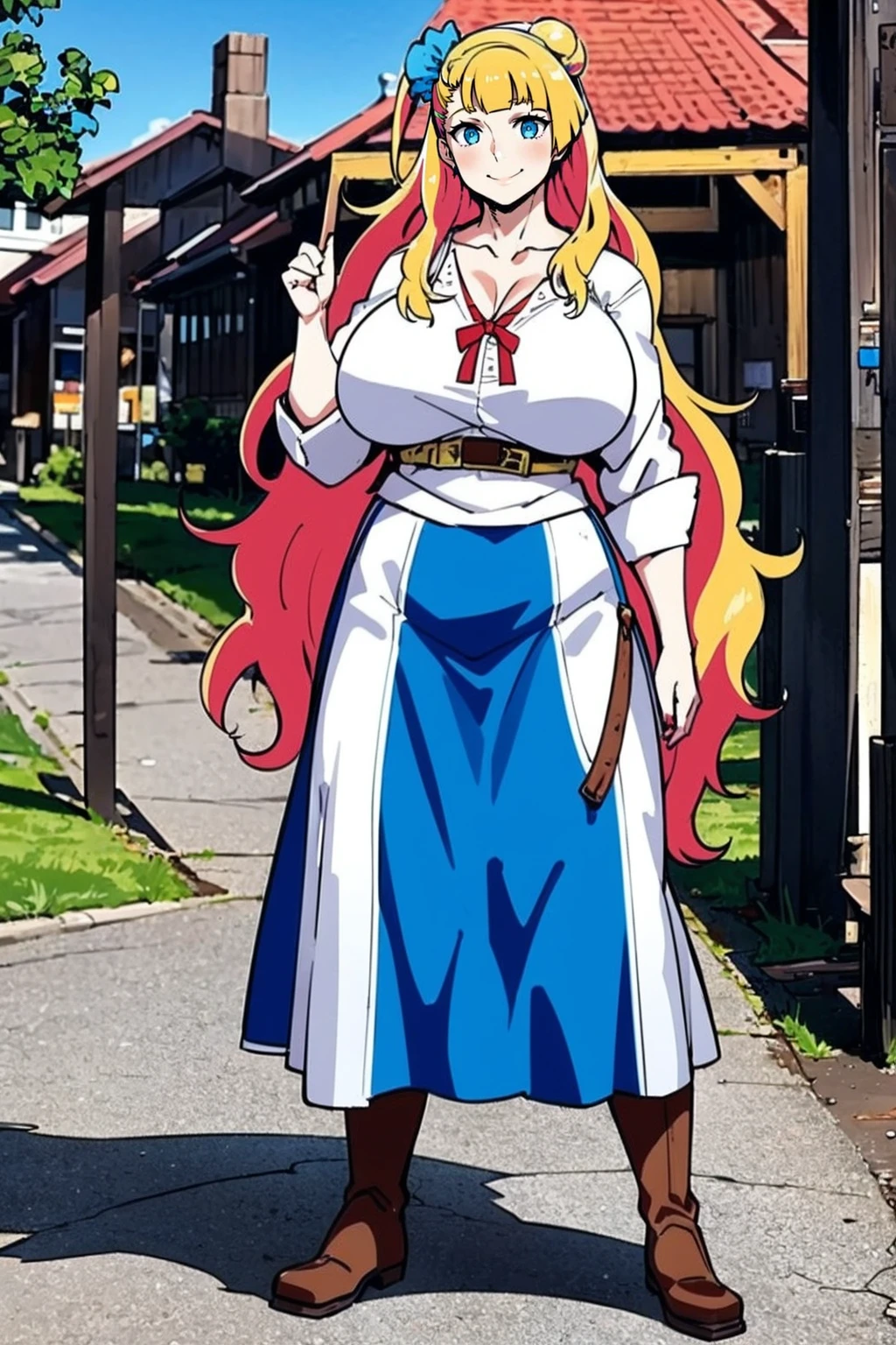 hoshiguma yuugi,1girl,single horn, pointy ears, blonde hair, long hair,yellow eyes,s ,white shirt,skirt,, muscle girl, huge breast,walking, single horn, long skirt, flip flops, sharpteeth, smile, tomboy,very long skirt, blue and red skirt, traditional germanic dress, red eyes, medieval city,full body