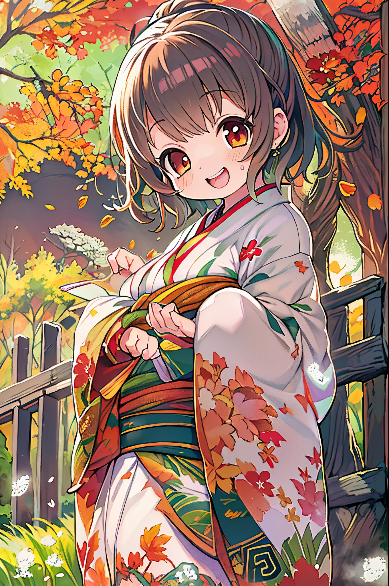 huge-breasted、kawaii、Sunny Clothes、japanese kimono、torii gate,((Oblique angle))、{{close up to face}}、one eye closed、8 years old girl、winking、A big smile、bbw、thick thight、big butts、Ultramammy,Chibi, autumn day,kaede、 Pines, Anime Background Art, japanese art style, beautiful anime scene, detailed scenery - width 672, Background art, Anime landscapes, Anime Background, Beautiful anime scenery, Beautiful peace scenes in anime, landscape artwork, Japan Village, Anime landscape concept art, 8K))、a lot of fallen leaves、