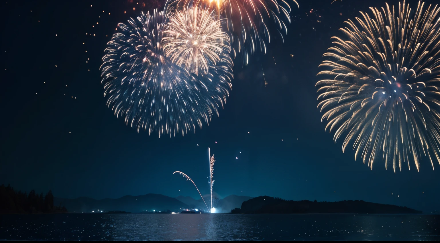 a dark blue background with stars and fireworks