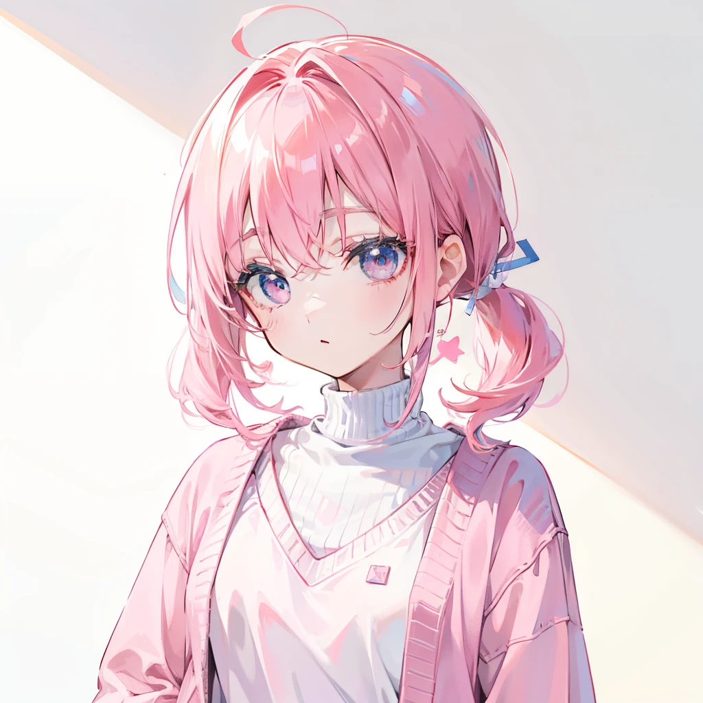 Head with powder pink hair,Short double ponytail,White collar,Bright sweaters,This is a cute