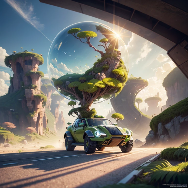 concept art, Hyper-realistic, 16K High Resolution, loop, infinity, be deep, dynamic angle, stereoscopic effect, multiple layers, best quality,  3D render, otherworld, glass ball architecture, plant, moss, fern, fictional materials, multiple floating vehicles, elevated roads, drones, solar powered