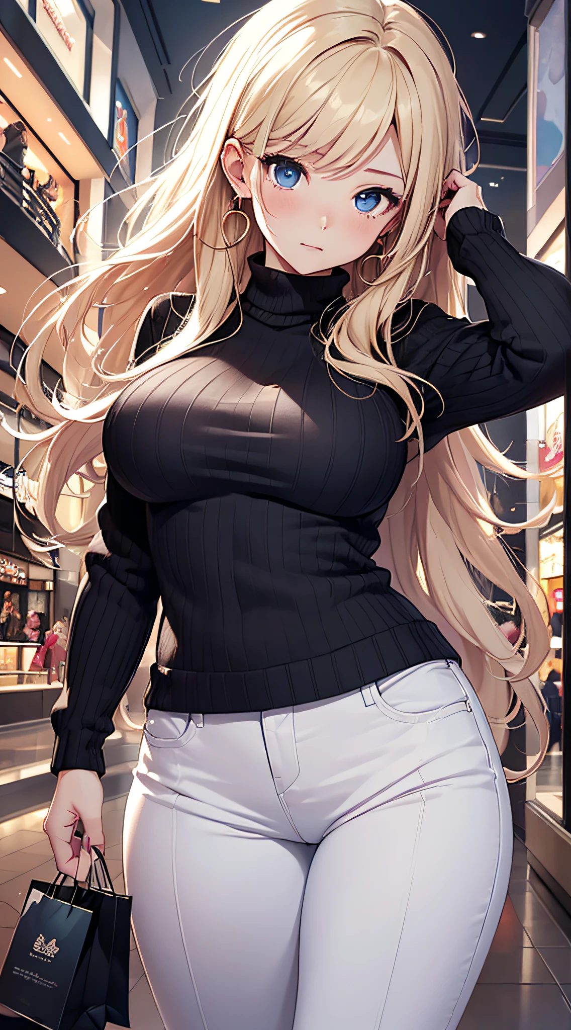top-quality、Top image quality、masterpiece、girl with((18year old、Best Bust、big bast,Beautiful blue eyes、Breasts wide open, a blond、A slender,Large valleys、Black sweater、White pants、Spread your arms to the sides、Ruby Earrings))hiquality、Beautiful Art、Background with((Large shopping malls、)))、,masutepiece、visualart、depth of fields、Shoujo manga style