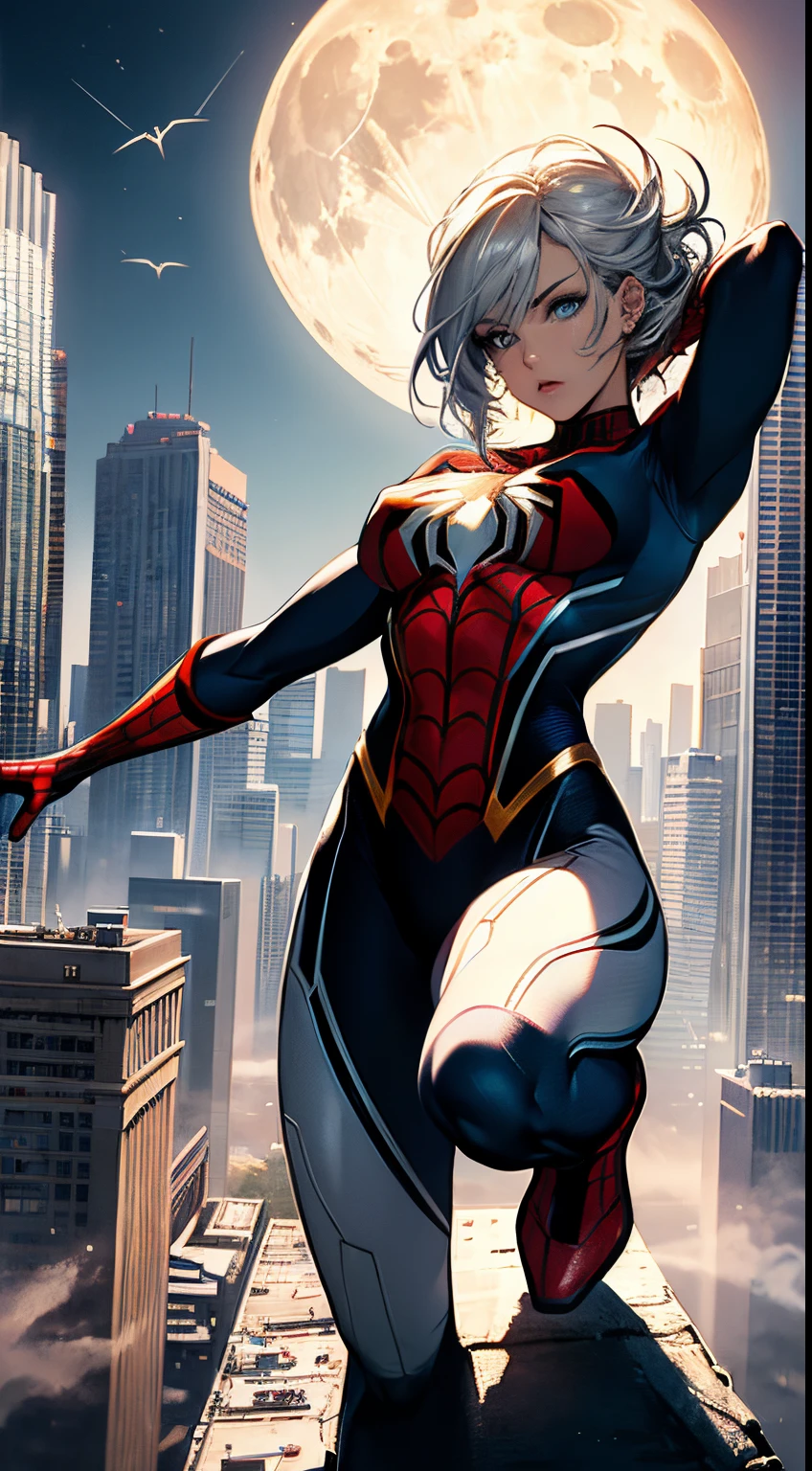 (Masterpiece, 4k resolution, ultra-realistic, very detailed), (White superhero theme, charismatic, there's a girl on top of town, wearing Spider-Man costume, she's a superhero), [ ((25 years), (long white hair:1.2), full body, (blue eyes:1.2), ((Spider-Man pose),show of strength, jumping from one building to another), ((sandy urban environment):0.8)| (cityscape, at night, dynamic lights), (full moon))] # Explanation: The Prompt mainly describes a 4K painting of ultra-high definition, very realistic, very detailed. It shows a superheroine at the top of the city, wearing a Spider-Man costume. The theme in the painting is a white superhero theme, the female protagonist has long white hair, is 25 years old and her entire body is shown in the painting. In terms of portraying the actions of superheroines, spiders are employed