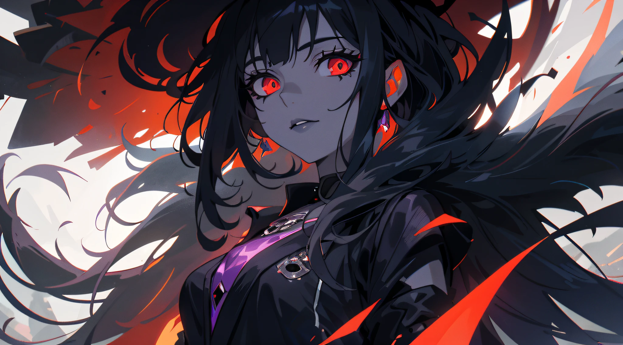 A woman with long, dark purple hair and red eyes, illuminated by a bright light. She is dressed in a long, flowing black dress that is open at the front. She possesses an aura of mystery and power, resembling a witch. Adorning her attire are silver jewelry in the shape of ribs, adding a touch of macabre beauty. On half of her face, she wears a metal mask, adding an intriguing element of secrecy. Her lips are adorned with black lipstick, completing her enigmatic appearance.

The artwork is created using intricate details, ensuring the best quality and ultra-detailed rendering. The resolution is set to 4K or 8K, providing a masterpiece with crisp and sharp focus. The color scheme is predominantly dark and moody, with hints of deep purples and contrasting bright lights. The lighting is expertly done, creating a dramatic and captivating atmosphere.

The medium used to depict this artwork can be oil painting, 3D rendering, or a combination of both, enabling the artist to beautifully capture the nuances of the woman's features and the textures of her clothing. The finished piece will possess a photorealistic quality, giving the impression of a real-life photograph.

In terms of art style, this prompt falls under the category of portraits, with a touch of gothic and fantasy elements. The overall tone of the image is haunting and enchanting, inviting viewers into a world of mystery and allure.