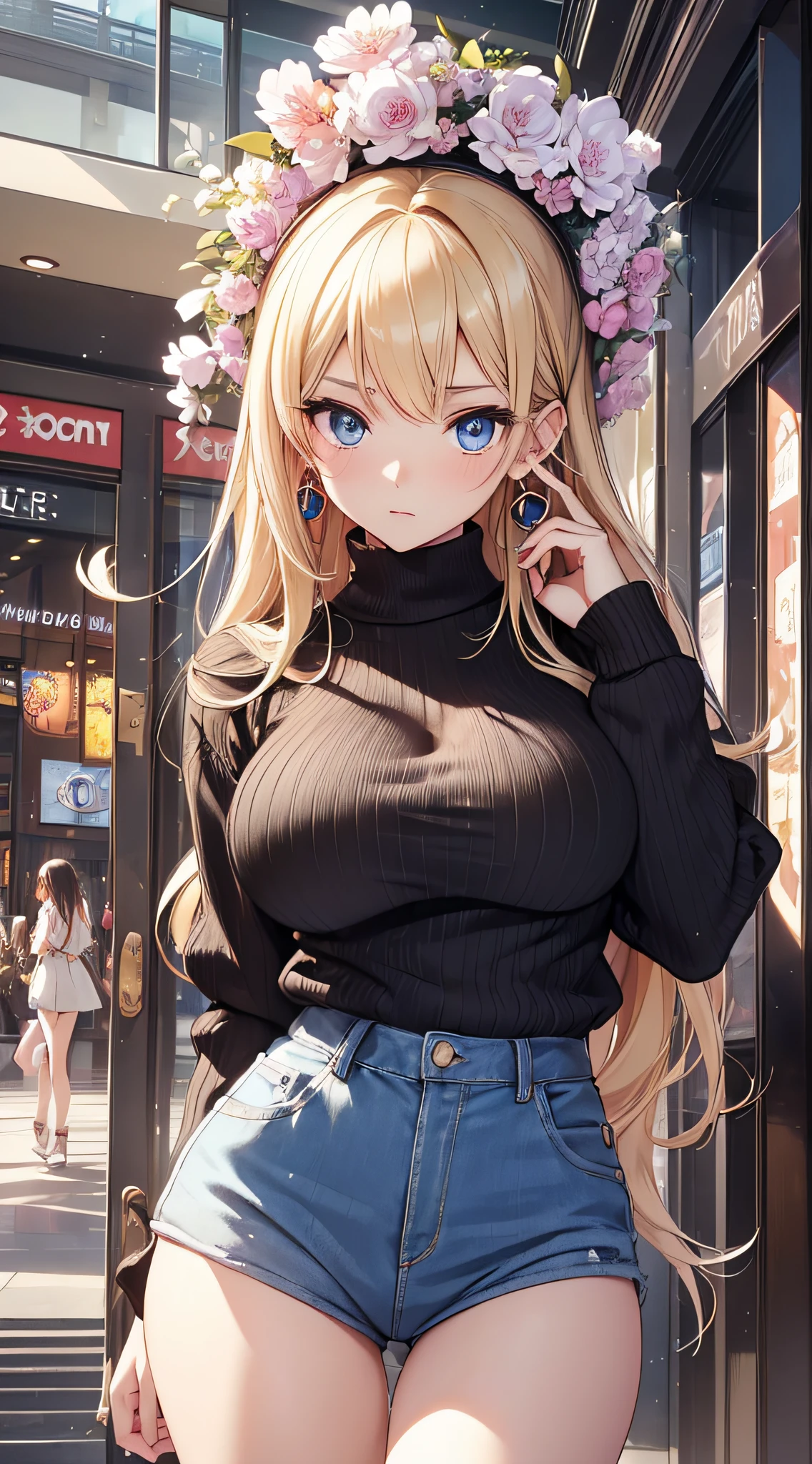 top-quality、Top image quality、masterpiece、girl with((18year old、Best Bust、big bast,Beautiful blue eyes、Breasts wide open, a blond、A slender,Large valleys、Black sweater、White pants、Spread your arms to the sides、Ruby Earrings))hiquality、Beautiful Art、Background with((Large shopping malls、)))、,masutepiece、visualart、depth of fields、Shoujo manga style
