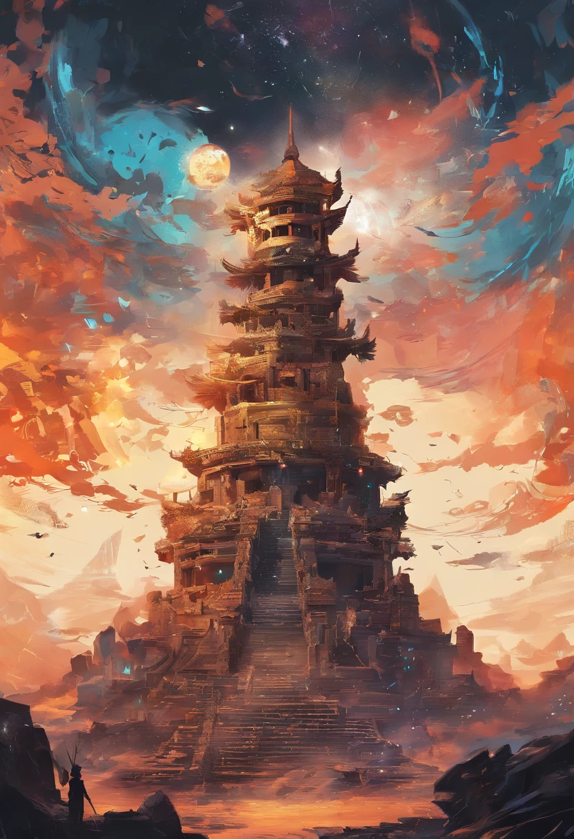 ((Ancient ruins))、((a girl))、Close-up to the girl、low angles、Calm ink painting with detailed and detailed illustrations, magical cosmic colors, Rice Paper Texture, Digital Paint, , Black and gold future portal floating in the sky. Venus. spaces. Cloud wet technique and wet technique. vibrant vector professional art. Using Cinema 4D, Mysterious