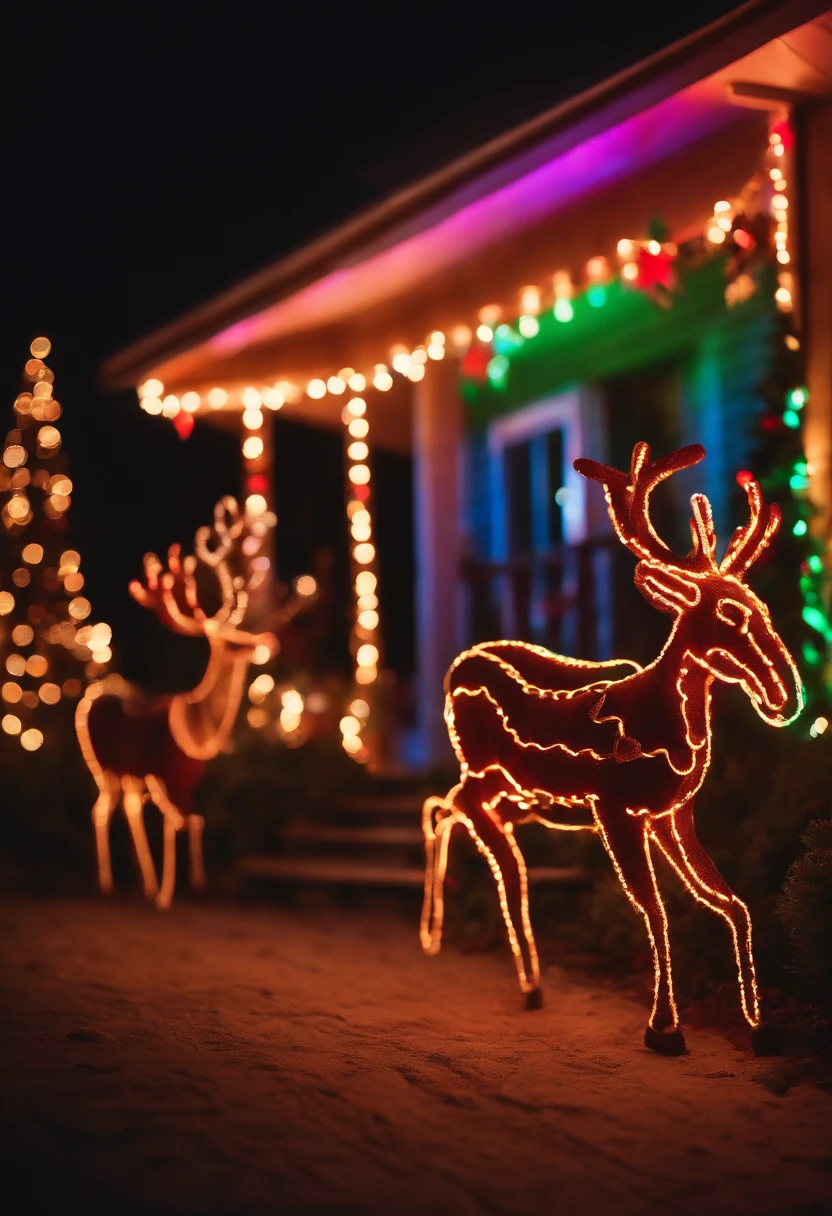 A neon-lit pathway leading to a house decorated with colorful lights and neon reindeer sculptures, creating a magical and enchanting Christmas setting.