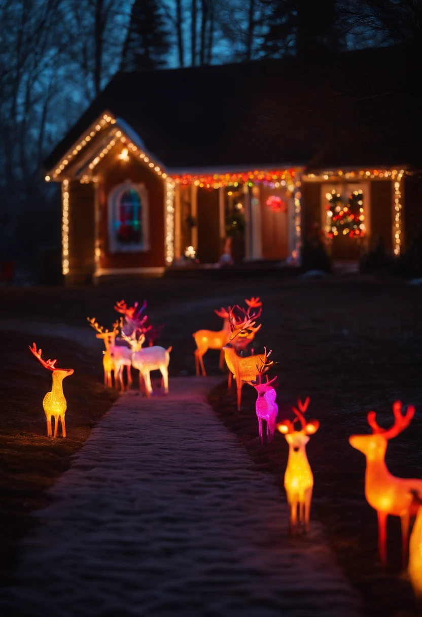 A neon-lit pathway leading to a house decorated with colorful lights and neon reindeer sculptures, creating a magical and enchanting Christmas setting.