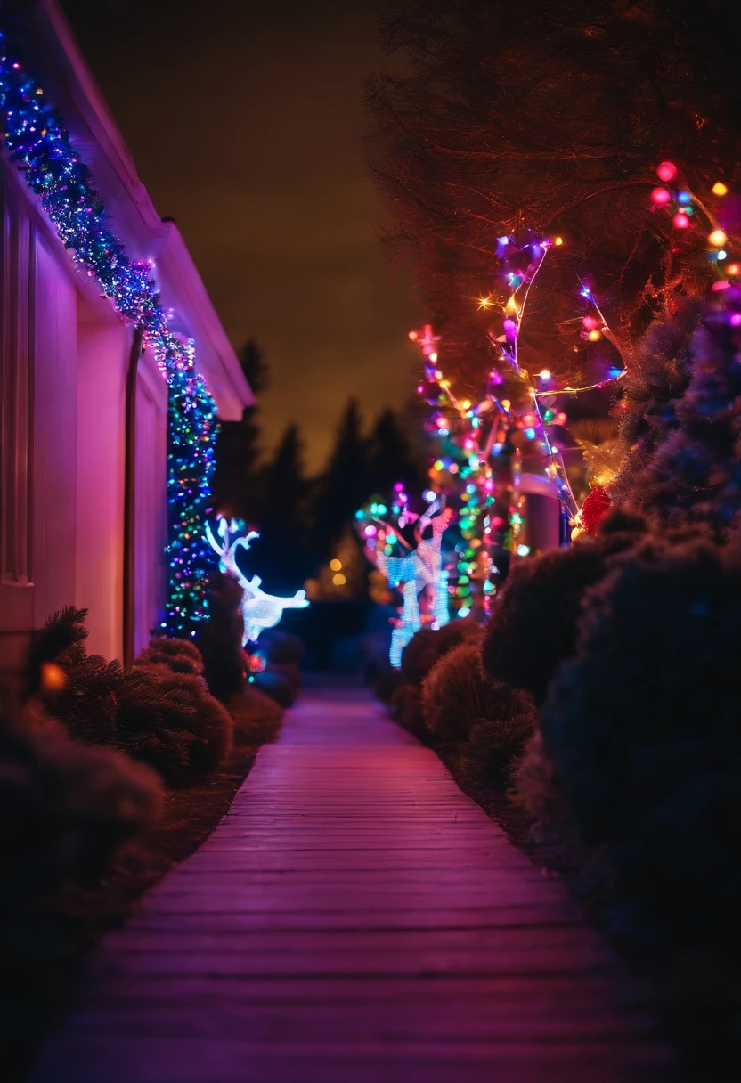 A neon-lit pathway leading to a house decorated with colorful lights and neon reindeer sculptures, creating a magical and enchanting Christmas setting.