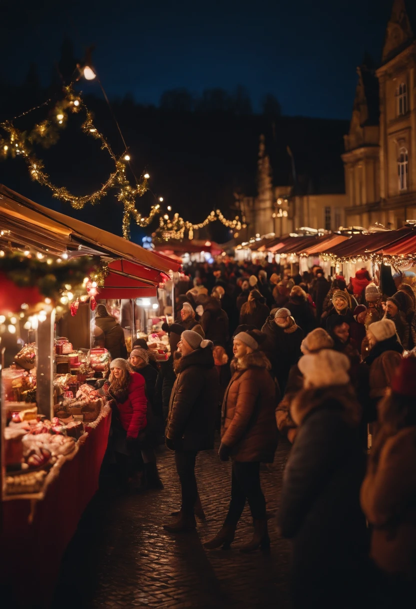 A neon-lit Christmas market with vibrant stalls selling holiday treats and gifts, evoking a lively and festive atmosphere.