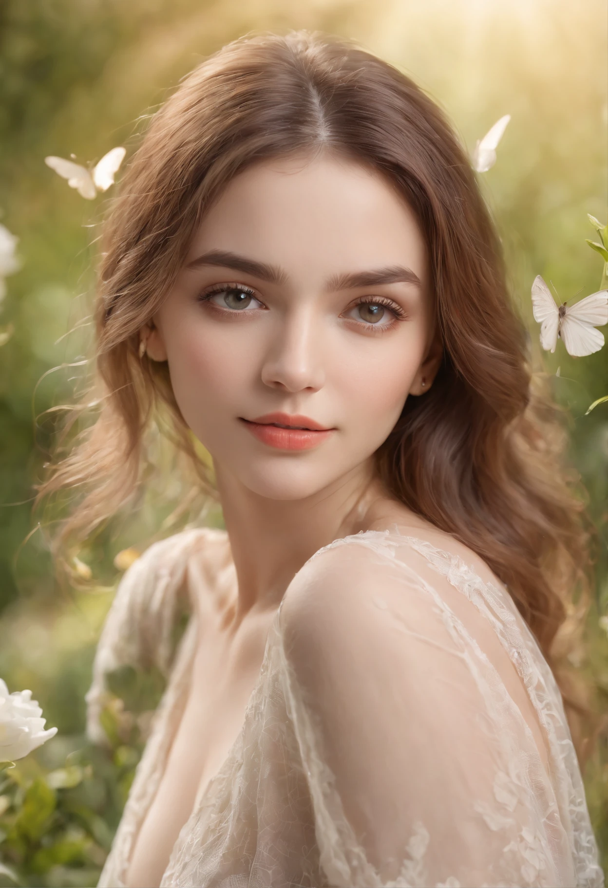 (best quality,4k,8k,highres,masterpiece:1.2),ultra-detailed,(realistic,photorealistic,photo-realistic:1.37),1girl,beautiful detailed eyes,beautiful detailed lips,extremely detailed eyes and face,longeyelashes,soft flowing hair,stylish modern clothes,confident expression,natural sunlight,green garden,peaceful atmosphere,vibrant colors,lively flowers,butterflies flying around,artistic painting,mixed media,impressionistic style,soft brushstrokes,warm color palette,sunlit garden scene