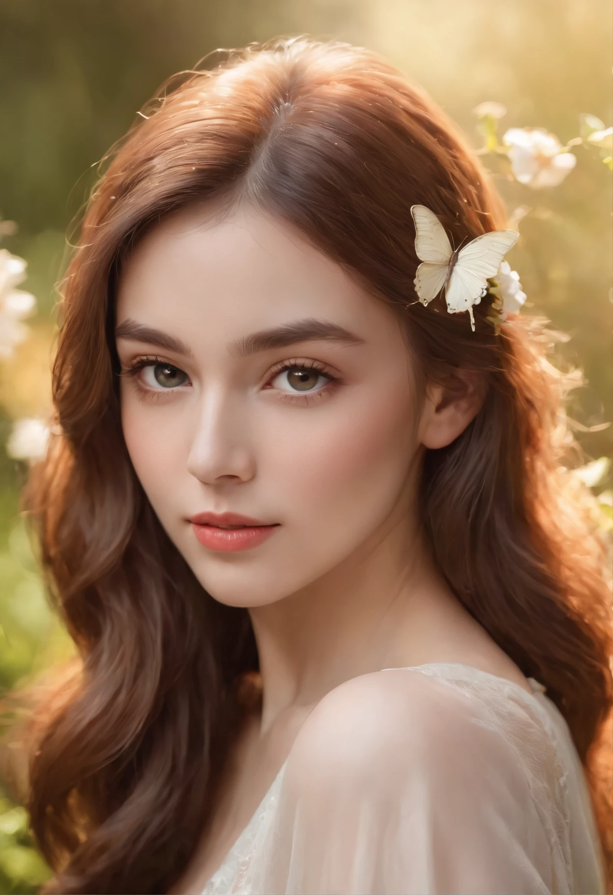 (best quality,4k,8k,highres,masterpiece:1.2),ultra-detailed,(realistic,photorealistic,photo-realistic:1.37),1girl,beautiful detailed eyes,beautiful detailed lips,extremely detailed eyes and face,longeyelashes,soft flowing hair,stylish modern clothes,confident expression,natural sunlight,green garden,peaceful atmosphere,vibrant colors,lively flowers,butterflies flying around,artistic painting,mixed media,impressionistic style,soft brushstrokes,warm color palette,sunlit garden scene