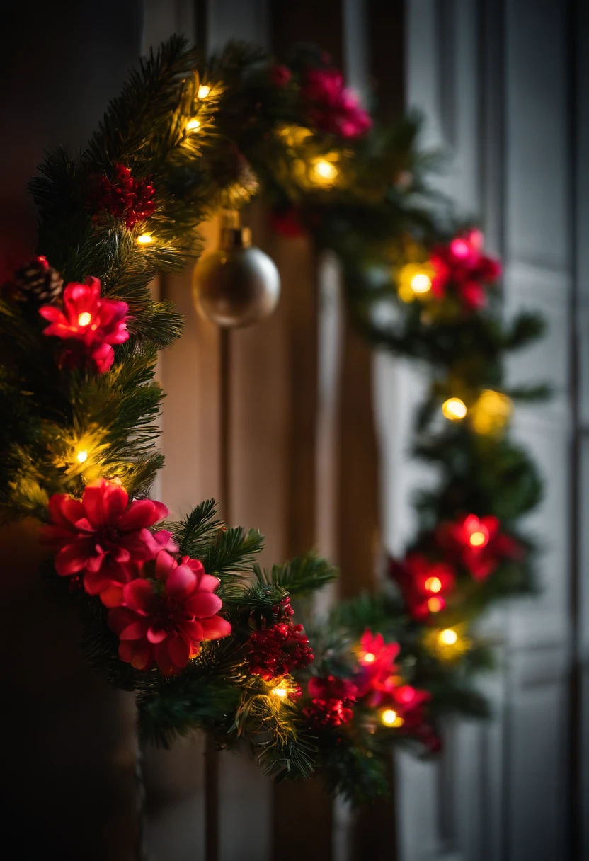 A close-up shot of a neon Christmas wreath with bright, glowing flowers and foliage, adding a unique and eye-catching element to traditional holiday decorations.