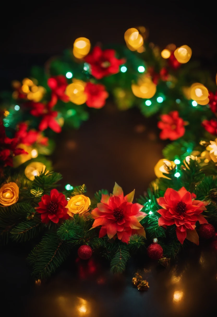A close-up shot of a neon Christmas wreath with bright, glowing flowers and foliage, adding a unique and eye-catching element to traditional holiday decorations.