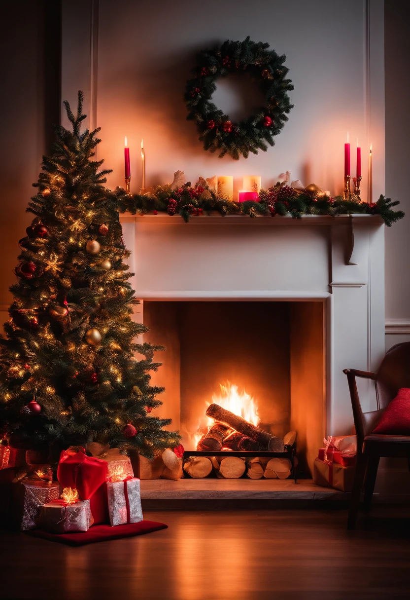 A neon-lit fireplace with stockings hung above, providing a stylish and modern twist to the classic holiday tradition
