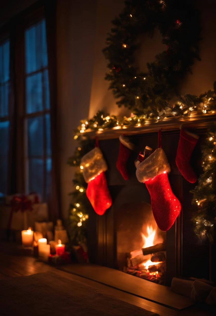 A neon-lit fireplace with stockings hung above, providing a stylish and modern twist to the classic holiday tradition