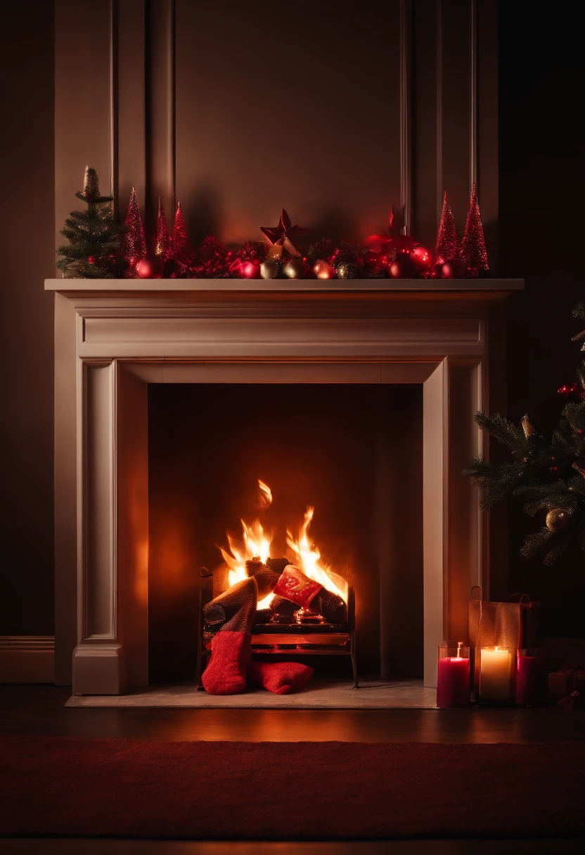 A neon-lit fireplace with stockings hung above, providing a stylish and modern twist to the classic holiday tradition