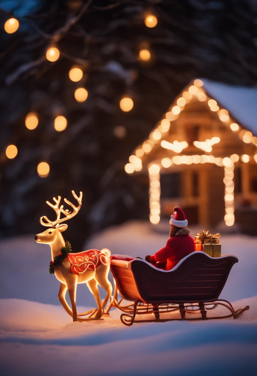 A neon-lit sleigh with reindeer, placed in a snowy landscape and surrounded by glowing presents, creating a visually striking and contemporary Christmas scene.