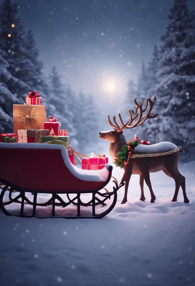 A neon-lit sleigh with reindeer, placed in a snowy landscape and surrounded by glowing presents, creating a visually striking and contemporary Christmas scene.