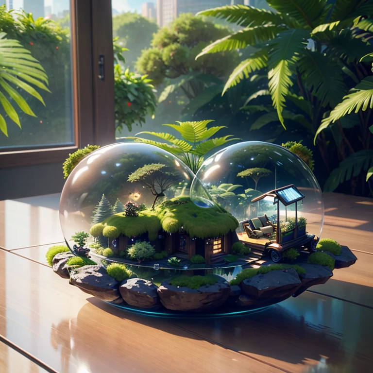 game screen shot, Unreal engine, Hyper-realistic, 16K High Resolution, loop, infinity, be deep, dynamic angle, stereoscopic effect, multiple layers, best quality, 3D render, otherworld, glass ball architecture, plant, moss, fern, fictional materials, multiple floating vehicles, drones, solar powered