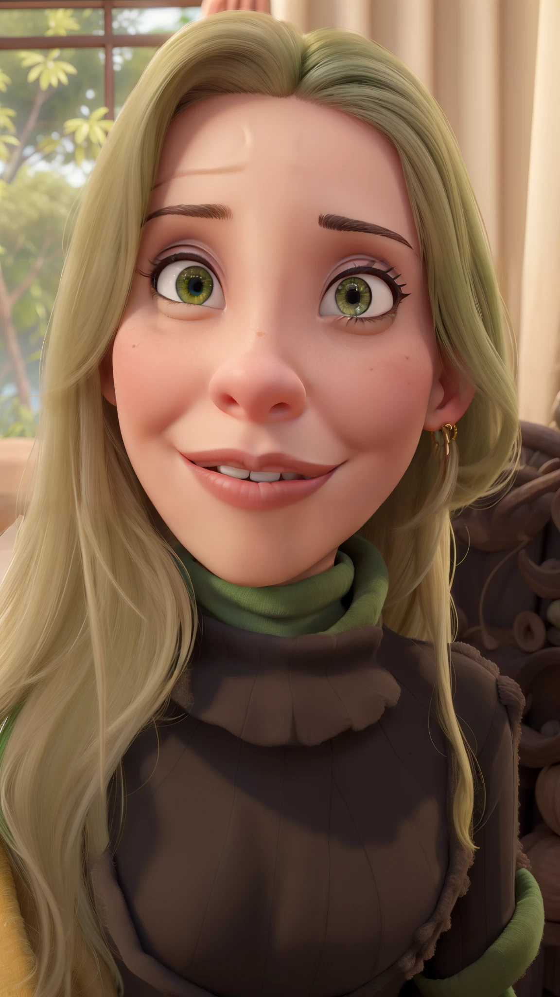 Mulher, 40 anos, loira, cabelos longos, olhos verdes, cintura fina, estilo Disney Pixar
