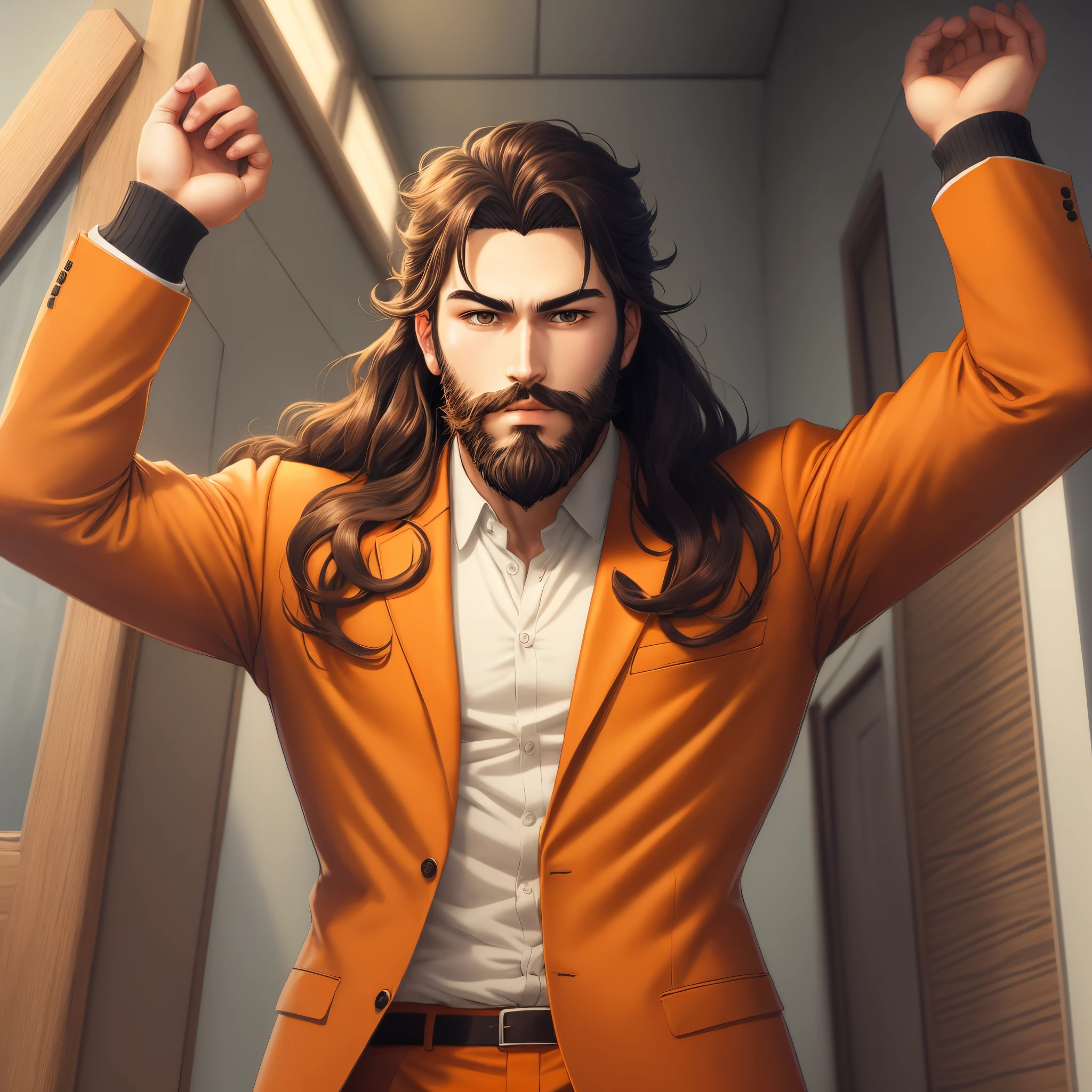A boy with beard and long hair wearing orange suit art style is anime style