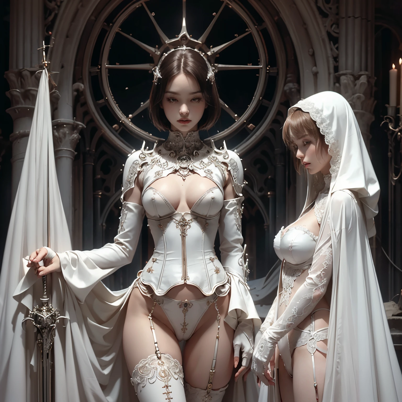 Japan maiden posing in pearl white leather corset,((small tits,well-shaped bust,slim body and constricted waist,,,,,,,,,,,,,,,,,)),,,,,,,,, (((Absolute full-length images,front-facing view))),honey birdette, White silk panties&Transparent Panty House、 Sexy corset in white color, Medium, Long White Leather Boots, lace decoration ,Cybernetic style,nippless,short hair of dark chestnut color,,,,,,,,,,,,Inside the cathedral