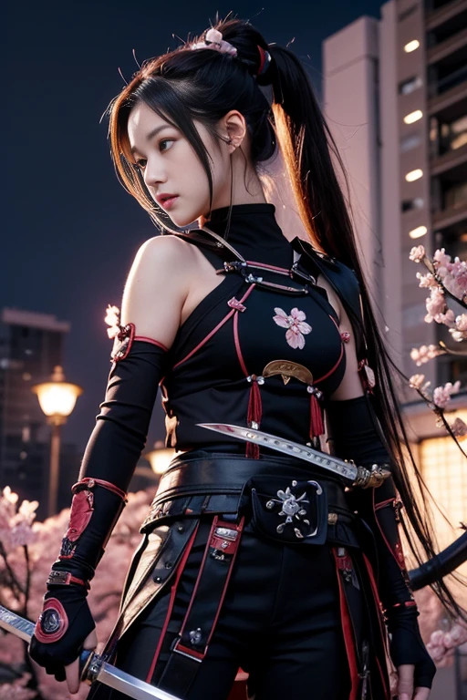 Cherry blossom night in full bloom、Kunoichi with a sword、A very beautiful cyberpunk samurai、she holds a sword、Female Samurai、Sword Fighting Pose、Kunoichi、dramatic wielding katana pose、Medium chest