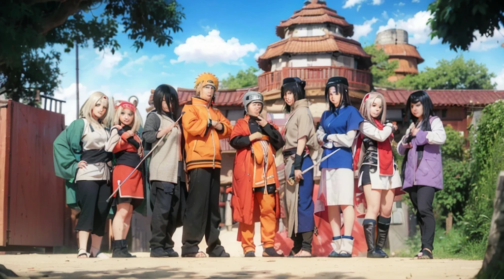 ((NARUTO_Konoha Village)),((realistic, photorealistic)),((white skin)),((upper body)), (((best quality, masterpiece))), looking viewers, outdoor,puddle,Konoha Village background,Cosplay
