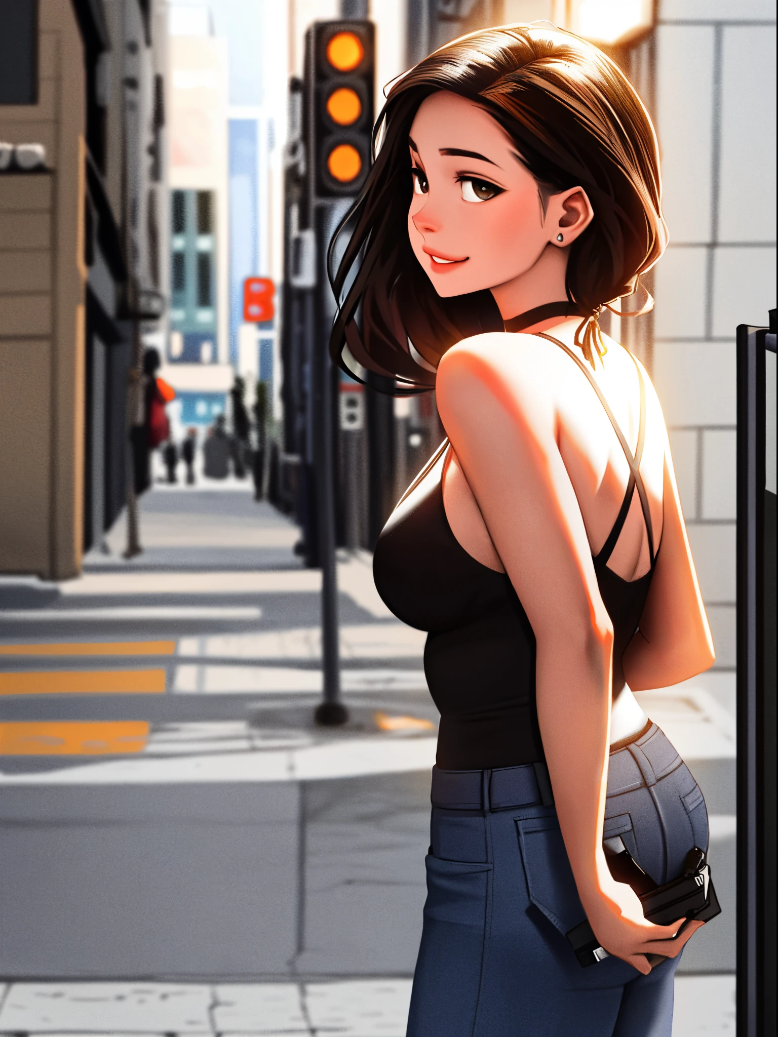 sam yang, 1girll, back, exposed bare shoulders, 黑The eye, dark circles, brown hair, 耳Nipple Ring, jewely, cparted lips, long whitr hair, looking at viewert, back to look back, choker necklace, cropped shoulders, Lips half open, sportrait, daysies, depth of fields, 独奏, ((tmasterpiece))((You may be a one-man world,But you can also be a one-person world,paradox,adrian ghenie,jenny saville,edward hopper,(RAW photos,best qualtiy)(A girl with a literary touch:1.2)(photorealestic,photograph realistic:1.3),Extremely Delicately Beautiful,Amazing,Fine details, tmasterpiece,hyper-detailing,A high resolution,Most Best Illustration,复杂,depth of fields,1girl,(long leges:1.4),long whitr hair,messy hair,Girl with thick fat chunky physique,((gentlesoftlighting:1.4))),(paleskin:1.4),(smile shy),(Movie Angle),tack sharp focus,volume fog,8k UHD,digital SLR camera,high qulity,(filmgrain:1.4),富士XT3,(looking at viewert)