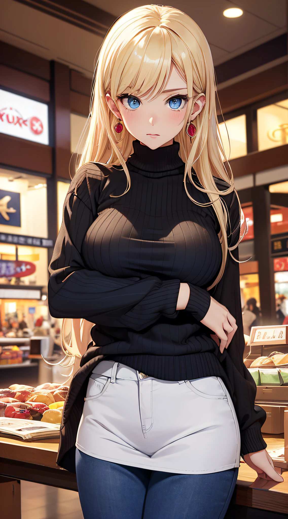 top-quality、Top image quality、masterpiece、girl with((18year old、Best Bust、big bast,Beautiful blue eyes、Breasts wide open, a blond、A slender,Large valleys、Black sweater、White pants、Spread your arms to the sides、Ruby Earrings))hiquality、Beautiful Art、Background with((Large shopping malls、)))、,masutepiece、visualart、depth of fields、Shoujo manga style