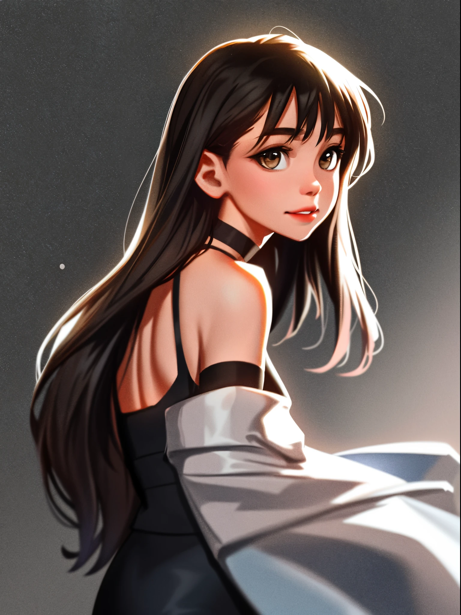 sam yang, 1girll, back, exposed bare shoulders, 黑The eye, dark circles, brown hair, 耳Nipple Ring, jewely, cparted lips, long whitr hair, looking at viewert, back to look back, choker necklace, cropped shoulders, Lips half open, sportrait, daysies, depth of fields, 独奏, ((tmasterpiece))((You may be a one-man world,But you can also be a world of people,paradox,adrian ghenie,jenny saville,edward hopper,(RAW photos,best qualtiy)(A girl with a literary touch:1.2)(photorealestic,photograph realistic:1.3),Extremely Delicately Beautiful,Amazing,Fine details, tmasterpiece,Hyper-detailing,A high resolution,Most Best Illustration,复杂,depth of fields,1girll,(long leges:1.4),long whitr hair,messy hair,Girl with thick fat chunky physique,((gentlesoftlighting:1.4))),(paleskin:1.4),(smile shy),(Movie Angle),tack sharp focus,volume fog,8K UHD,digital SLR camera,high qulity,(filmgrain:1.4),富士XT3,(looking at viewert)