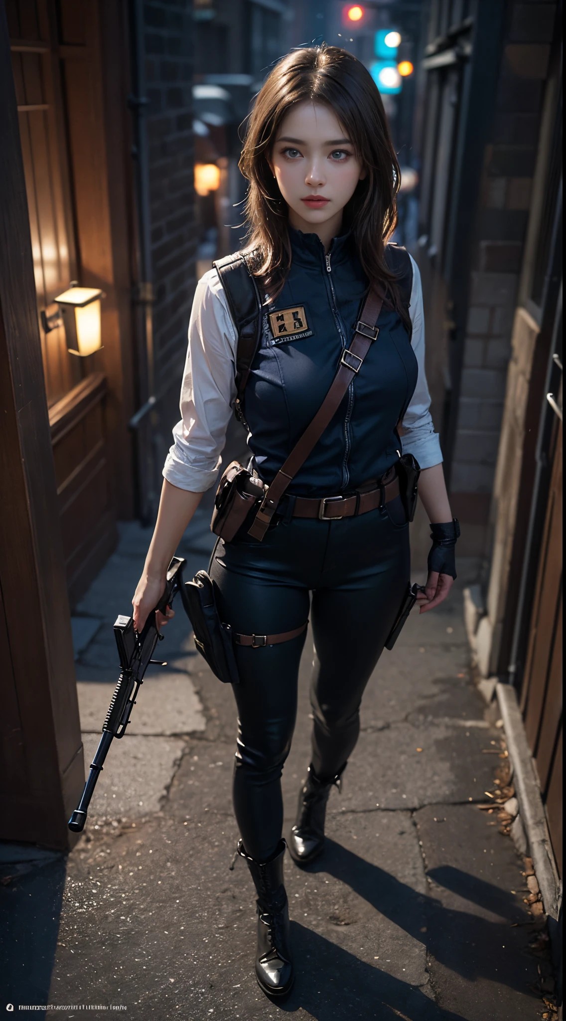 1girll, (Photorealistic)++, Beautiful lighting, masutepiece++, Best Quality++, Realistic, Full body portrait、From above, realphoto, intricate detailes, depth of fields, 1 girl, Soldier girl brown medium hair、Sniper Rifle Handle, Indigo Military Uniform, bulletproof vest, Holding an assault rifle, M16, In the city at night, Very detailed, Perfect face, Blue eyes, Beautiful lips, Colossal tits、Toned buttocks、, Small waist, tall, Kpop Idol, FujifilmXT3, Spectacular professional photography:by Ed Blinkey, Atey Ghailan, by Ghibli Studios, Authors:Jeremy Mann, Greg Manchess, Antonio Moro, trending on artstationh, Trending on CGSociety, Convoluted , high detailing , Sharp Focus, Impressive, Mid-Journey and Realist Art by Greg Rutkowski, Original image, 8K UHD