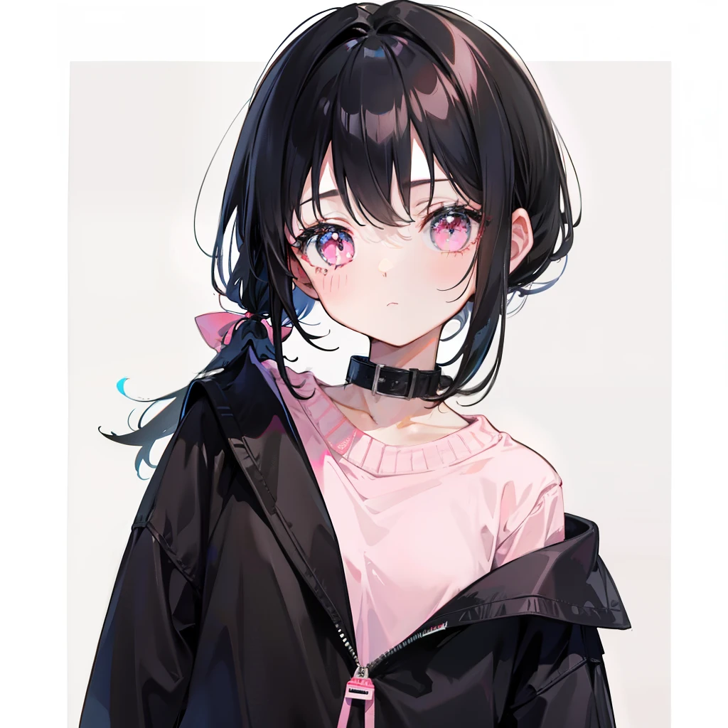 Head with powdery black hair，Short double ponytail，pink collar，Bright sweaters，This is a cute loli