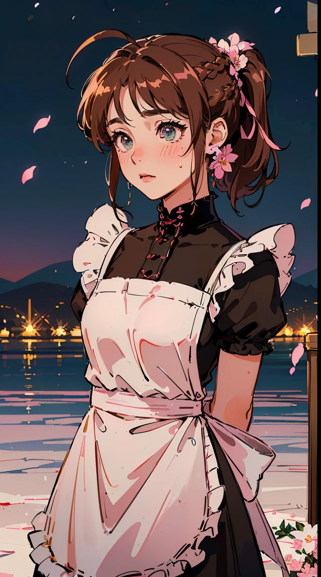 (((((((arms behind back,Blushing,cute cheeks,brown hair，gothic maid apron with flower))))))，((1girl,Solo,Amazing,Cute Korean mixed-race girl，rosto magro,))(Masterpiece,Best quality, offcial art, Beautiful and aesthetic:1.2),((HD,Golden ratio,)) (16k),((sakura petals,snow pieces)),(Physically-based rendering),((((on a desert,at night,)))) (((highdetailskin,)))，((hair crown)),((((detailed hairs|middle hair|french braid|knot top|soaked hair|side ponytail|ahoge)))),Slender,thicc,(masterpiece sidelighting),(The sheen),(Beautiful hair,Beautiful eyes,）[[Delicate fingers and hands:0.55]::0.85],(Detail fingers),(((Superior quality,)))),((unbelievable Ridiculous quality,)),((extremely_Detailed_Eyes_and_face)),Movie girl,(Dynamic configuration: 1.2),Brilliant, (Photorealistic), ((pink ribbon on hair)),Ultra-precise depiction, Ultra-detailed depiction