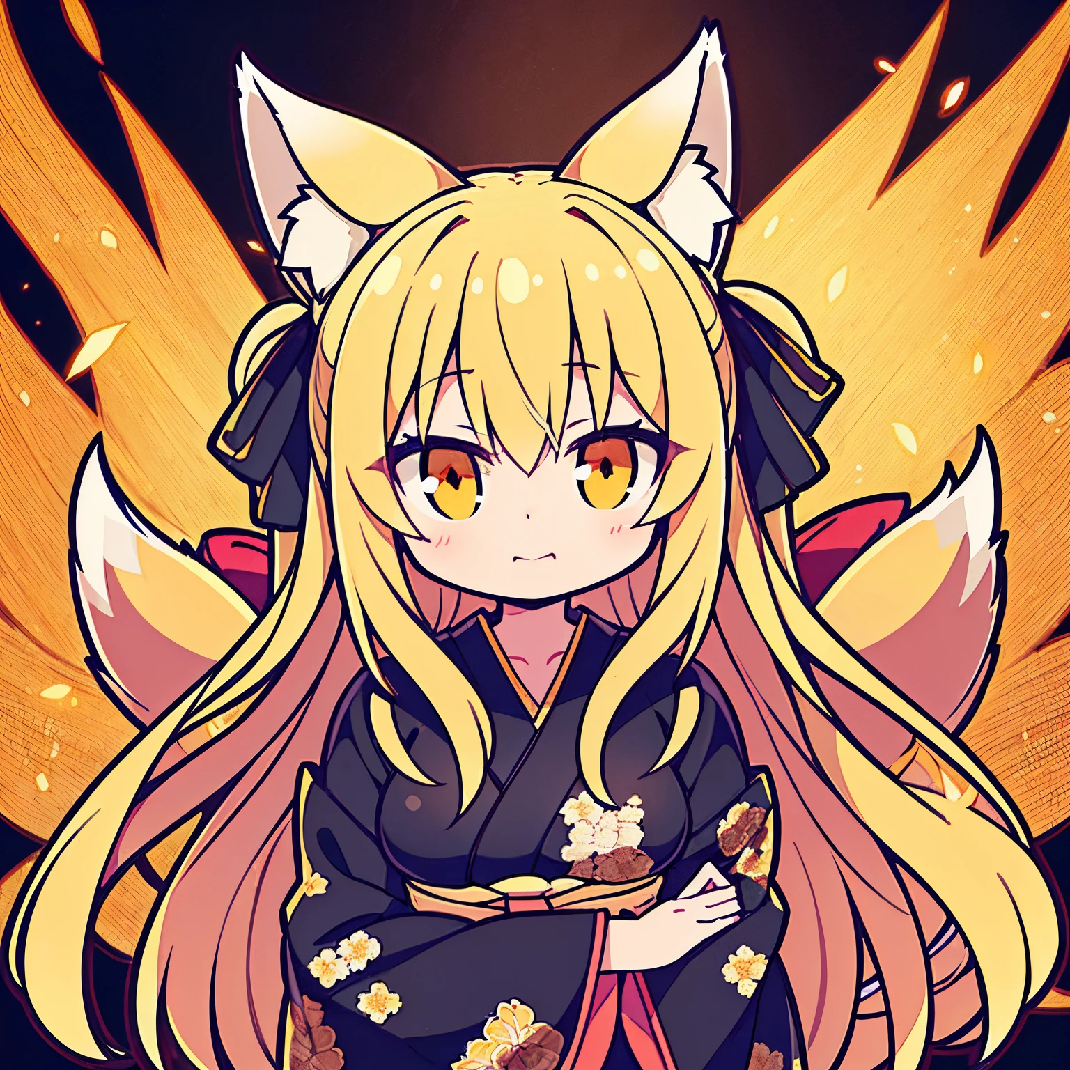 (Best Quality,hight resolution,masutepiece:1.2),Ultra-detailed, masutepiece,Illustration, (Ultra-detailed, mysterious lighting), Golden Fox、Lots of Tails、Golden Eyes、length hair、Golden hair、a large amount of hair、1人の女性,a matural female,large full breasts,Traditional kimono,Black kimono,a lot of big fox tails、(Golden Eyes、Fox ears、length hair、Golden hair,Hair flowing in the wind),Beautiful face、(Detailed face,bright expression),a large amount of hair、Thick kimono、Black kimono、Plum floral pattern、Overlapping kimonos、No text