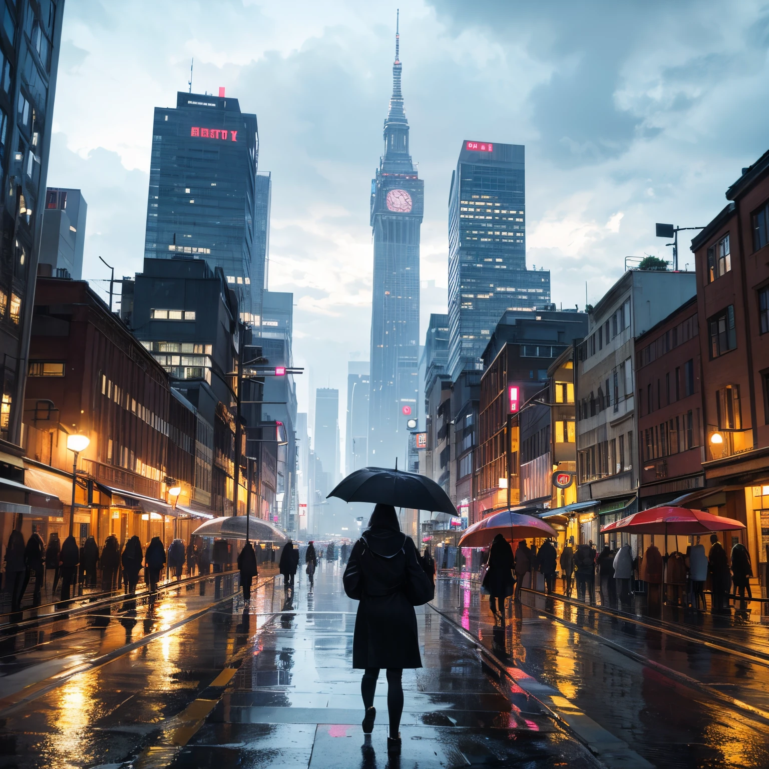(best quality, 4k, highres, masterpiece:1.2), beautiful scenery of a city, raining, sun starting to show, vibrant colors, city lights, wet streets, raindrops on windows, reflections on the pavement, city skyline, towering buildings, illuminated skyscrapers, bustling streets, people with umbrellas, rain-soaked trees, glistening water puddles, moody atmosphere, dramatic clouds, urban landscape