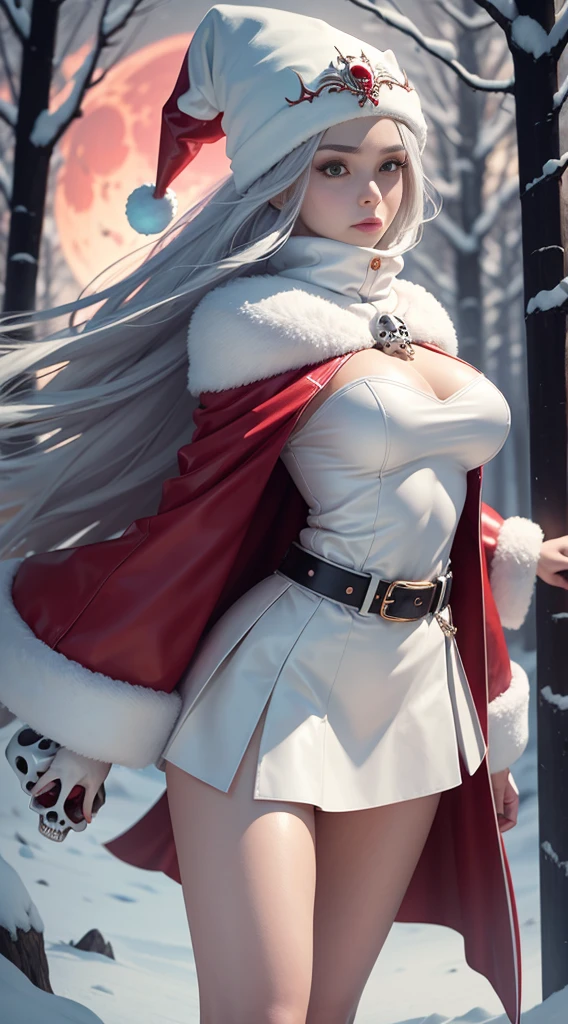 full body Esbian, of the highest quality, Intricate details , (Fine skin, Shiny skin, Shiny hair, pale complexion,Big breasts), Red sky, Red Moon, In the snowy forest, ((Skull Mark)), ambitious, Seductive Woman, Gray hair, Long hair, Hair fluttering in the wind, Skull mask on half of the face, Detailed tattoos, White Leather Santa Clothes, White Santa Clothes, White leather coat, Leather gloves, Solid Gold Bracelet, White leather skirt, White mini skirt, Hat with skull marker, (Leather Belt), Look far away