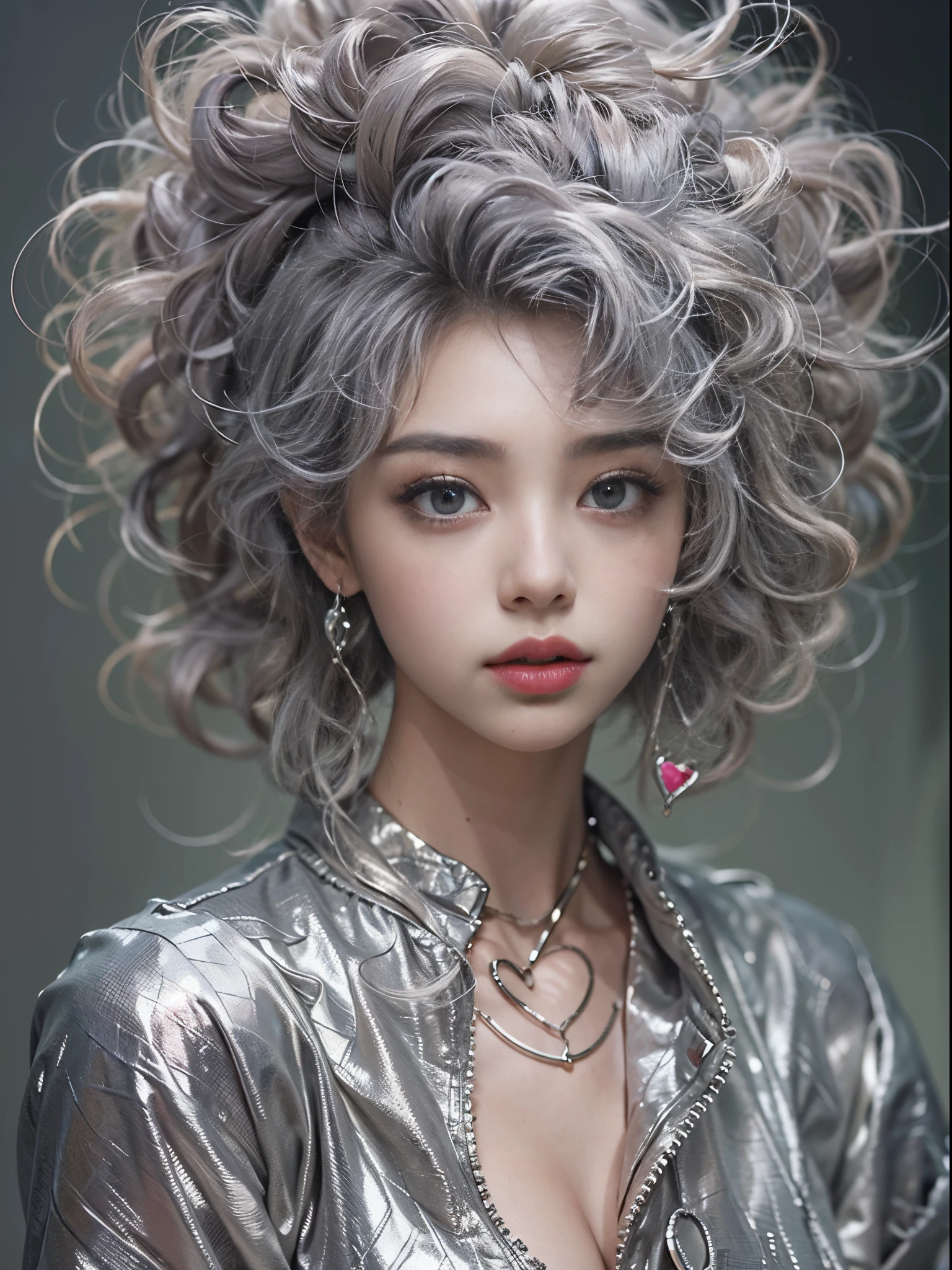 Silver curly hair girl, Messy hair fell on her face, (exquisite facial features. The confused expression. Skin details in painting. Eye detail portrayal。There is a beautiful mark under the eye, Wearing heart shaped earrings. she is fascinated, Her lips opened slightly. Sensual lips。Beautiful students,exposed bare shoulders, a little bit chubby,Hand on chin)nail art, With depth of field, Provide a sense of three-dimensionality. Taken with an F-class wide-angle lens, The work has a surrealist style, create a dream、imaginative atmosphere. silver voice,ellegance,glowing light,Award-winning proof of excellence. Skin texture is very realistic, (Anatomically correct features). Overall image ultra high definition, Capture fine details.